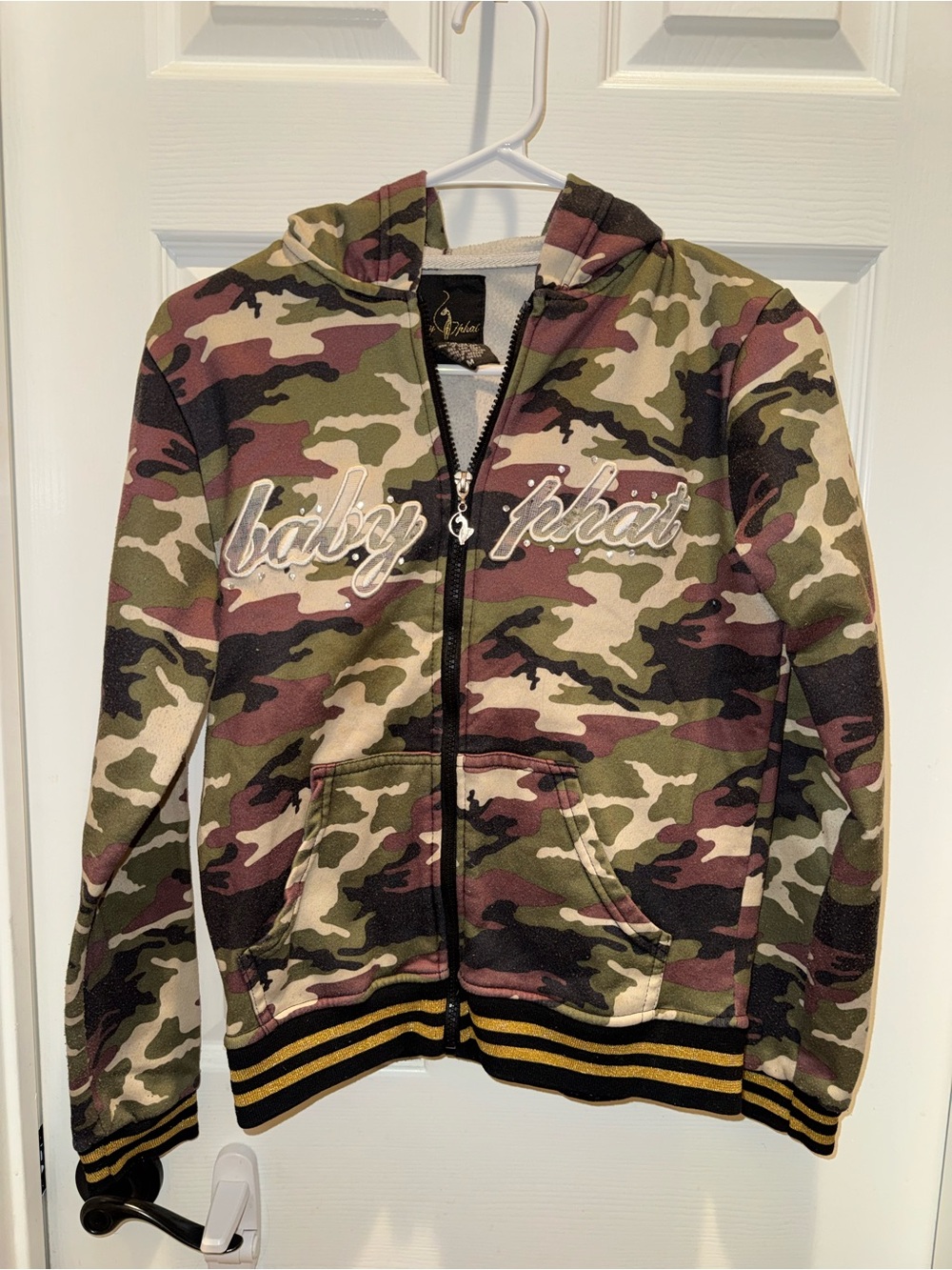 Y2K Baby Phat Camo Zip Hoodie in Olive, Brown & Black rhinestones script logo